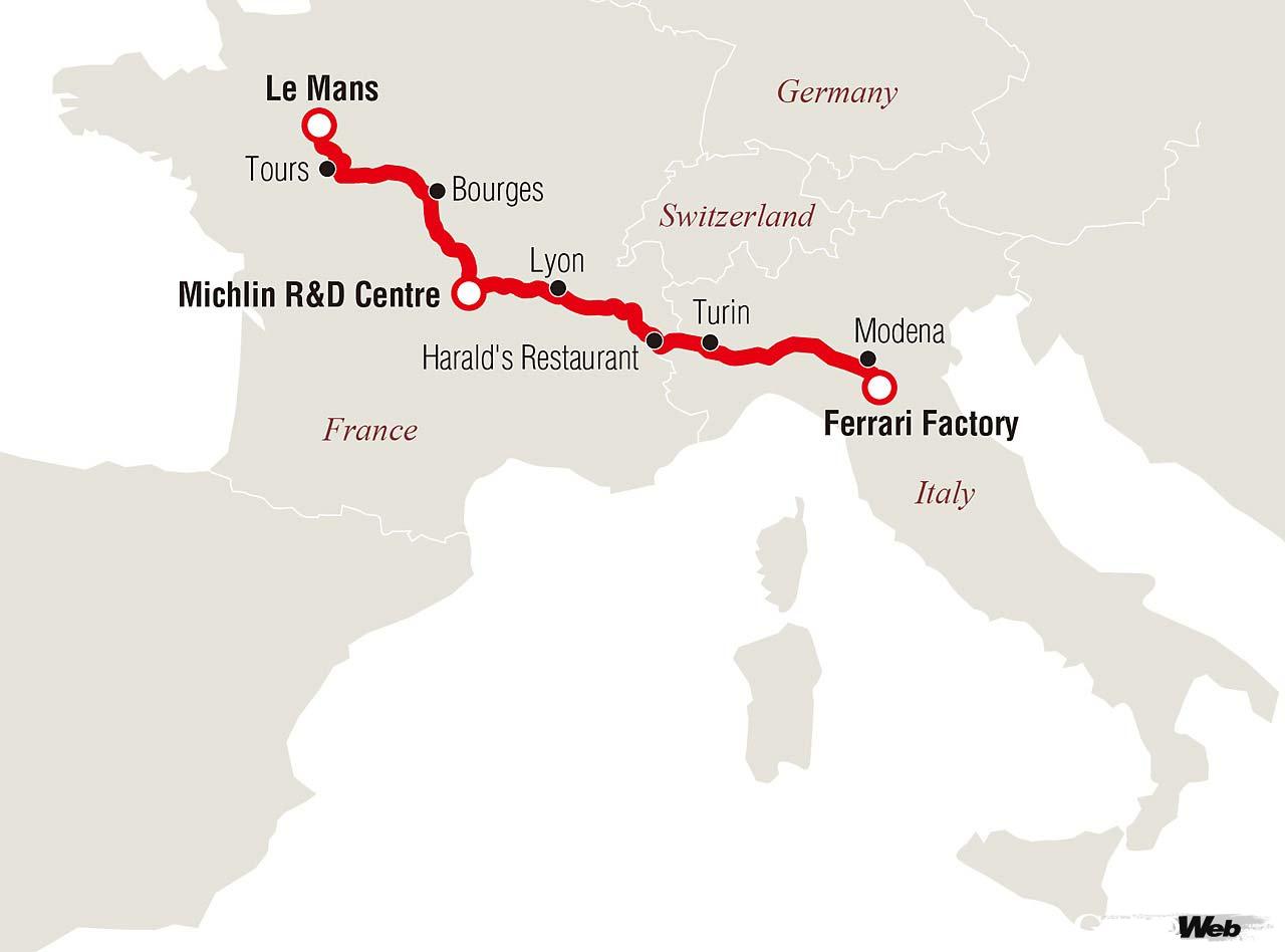 マラネッロのゲートをくぐり出発。まずはイタリアとフランスの国境にあるレストランを目指す。