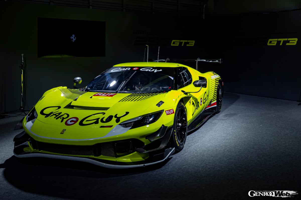 WECなど様々なカテゴリーに参戦するレーシングチーム、カーガイのリバリーを纏った296GT3がお披露目された。488GT3を超える成功が期待される。