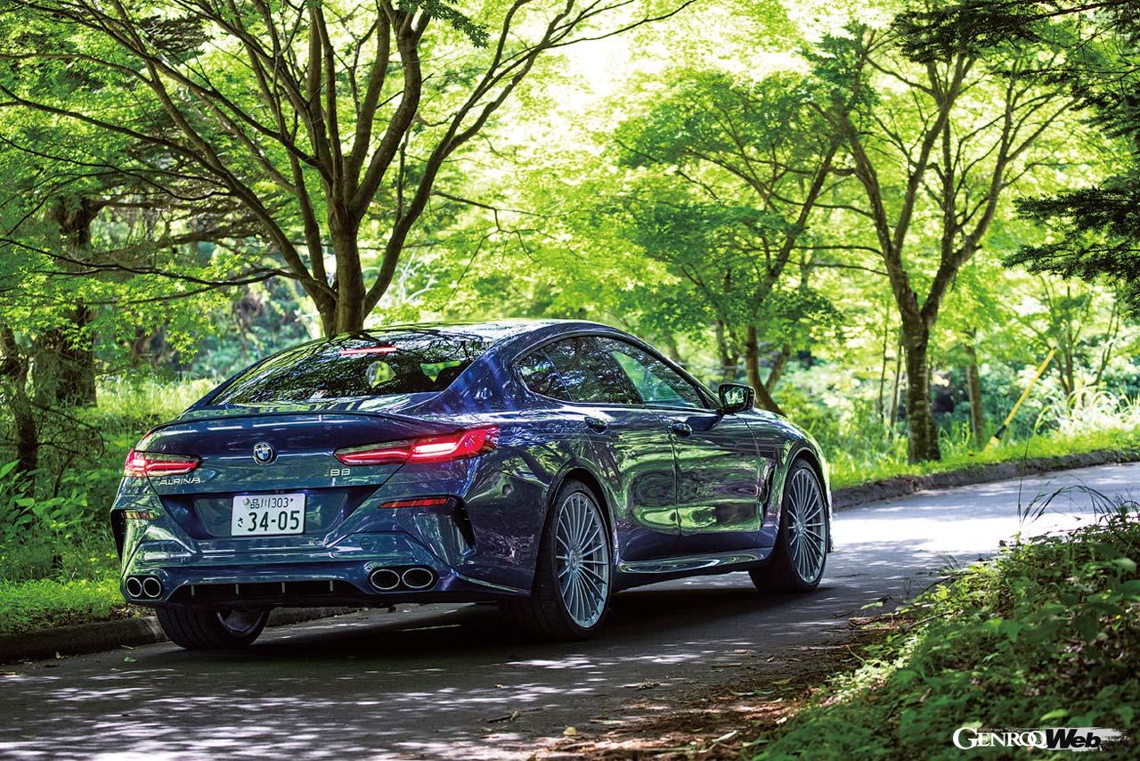 XB7のテスト直前に試乗したB8グランクーペ。スタイリッシュな4ドアAWDクーペは、山道を飛ばしても、安定しており、アルピナに期待する乗り味を持っていた。