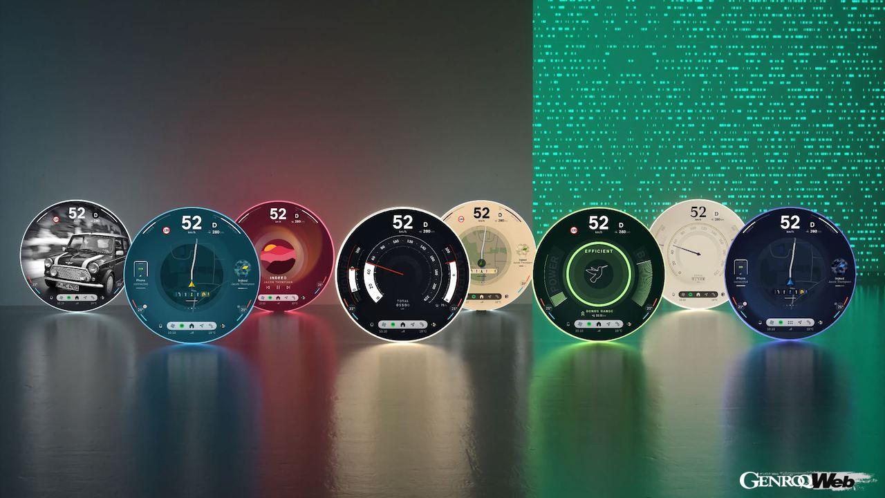 新型「MINI カントリーマン」と「MINI 3ドア／5ドア」から導入される、丸型ディスプレイ中心の「MINIインタラクション・ユニット」。