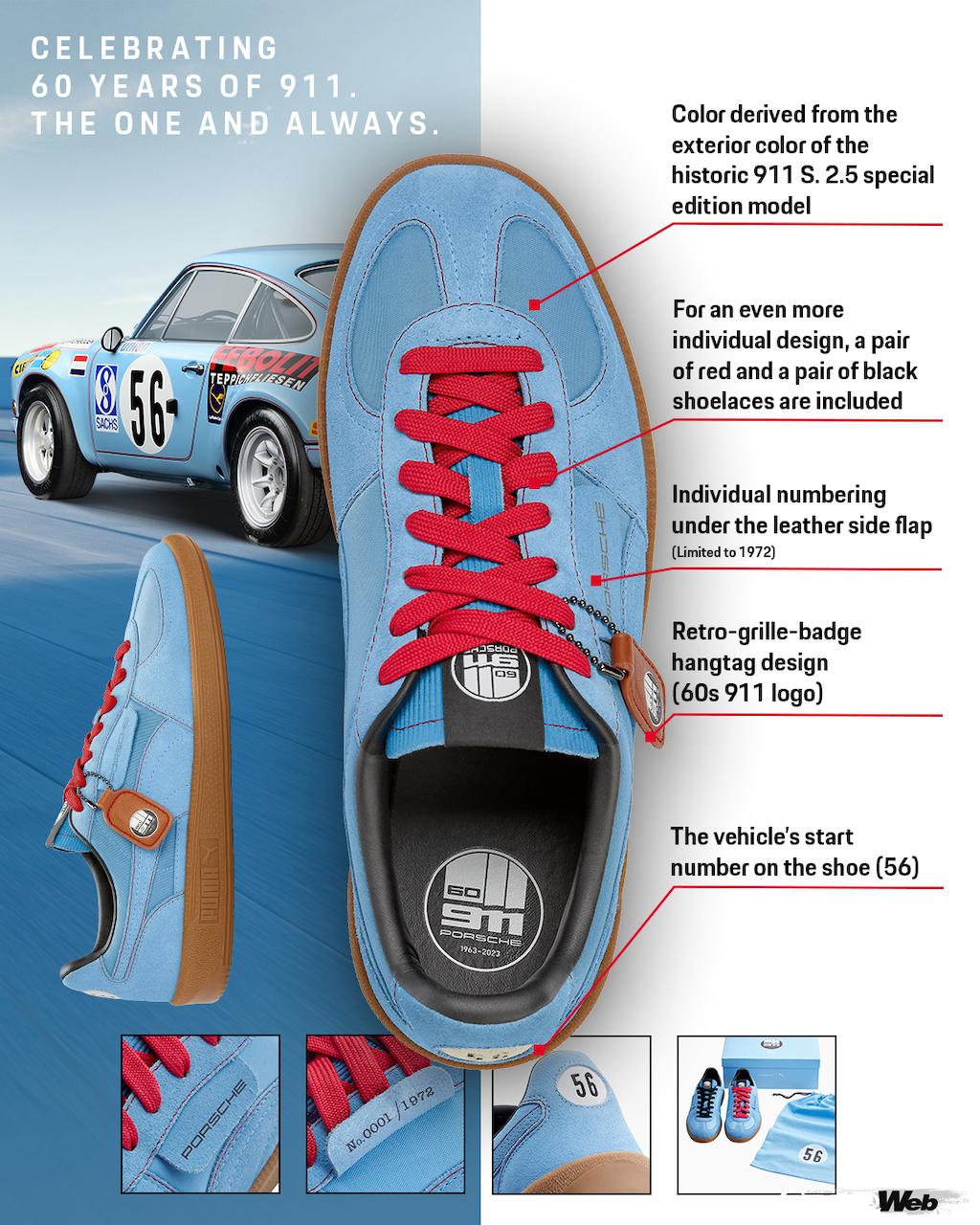 レトロ・スニーカーは、1972年に登場した「ポルシェ 911 S 2.5」をイメージした、クラシカルなスニーカー。デビューイヤーにちなんで、1972足が限定販売される。