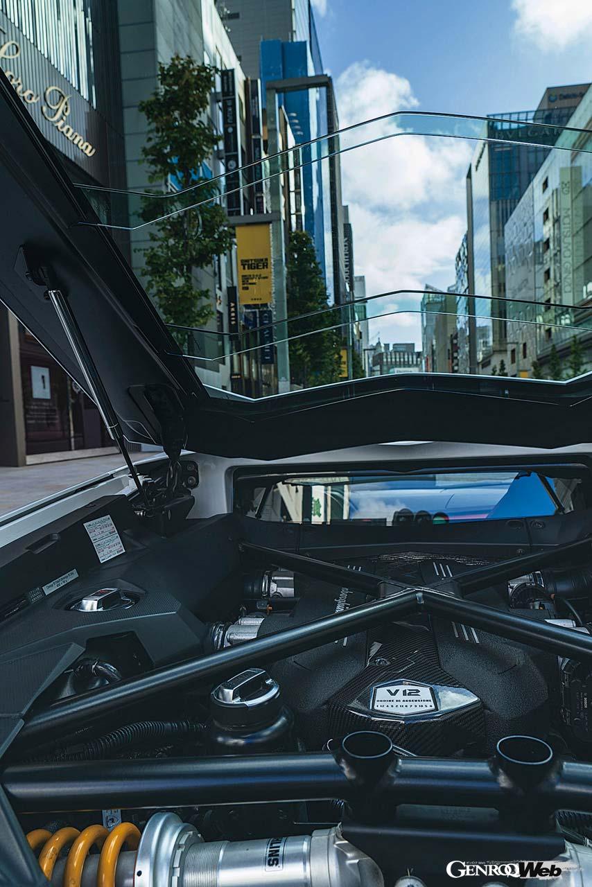 その核心はもちろん6.5リッターのV12自然吸気エンジン。赤いカバーを跳ね上げ、ボタンスイッチながらクランキングを確かめるようにスターターを押す。