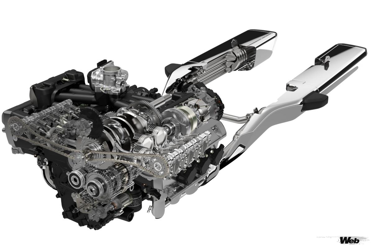 6代目ゴールドウイング（SC79型）のボクサー6エンジン。従来モデルのエンジンより排気量で1ccアップしながら小型軽量化。その上で最高出力は126PS/5500rpmと20PSアップ、最大トルクは17.3kgm/4500rpmと0.9kgm向上した。また縦置きエンジンのバイクは、アクセルオンの際にクランクシャフトのトルク反力を受け車体が左右どちらかに傾けるトルクリアクションが起こる。ホンダの縦置きエンジンには初代ゴールドウイングの頃からトルク反力を打ち消すバランサーを備えているため、左右のコーナリングに違和感を覚えることはない。バランサーを備えない縦置きエンジンを搭載するバイクは、ブリッピングするだけで車体が左右に傾き、左右のコーナリング感覚が異なる。クルマでもブリッピングするとクランクシャフトを軸にエンジンが傾くのを観察できる。大排気量の縦置きエンジンだと、クルマでもトルクリアクションでマシンが揺れる。