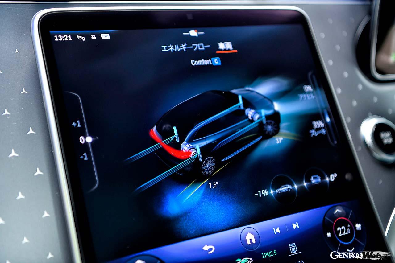12.3インチのコクピットディスプレイと17.7インチのメディアディスプレイ、12.3インチのフロントディスプレイで構成されるMBUXハイパースクリーンはオプションで設定される。リヤアクスルステアリングの作動状況もモニター上で確認できる。