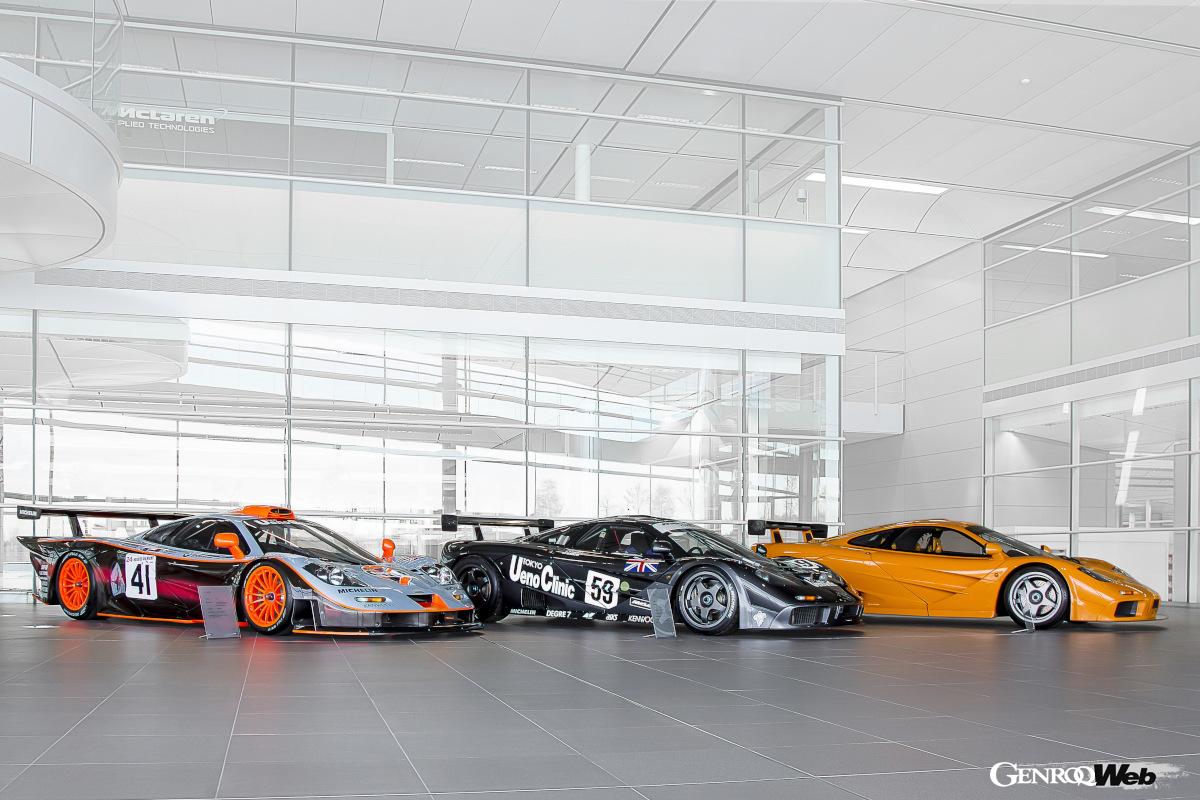 マクラーレン・テクノロジー・センターに展示された3台。左から「F1ロングテール」、ル・マンで優勝した「F1GTR」、「F1LM」。