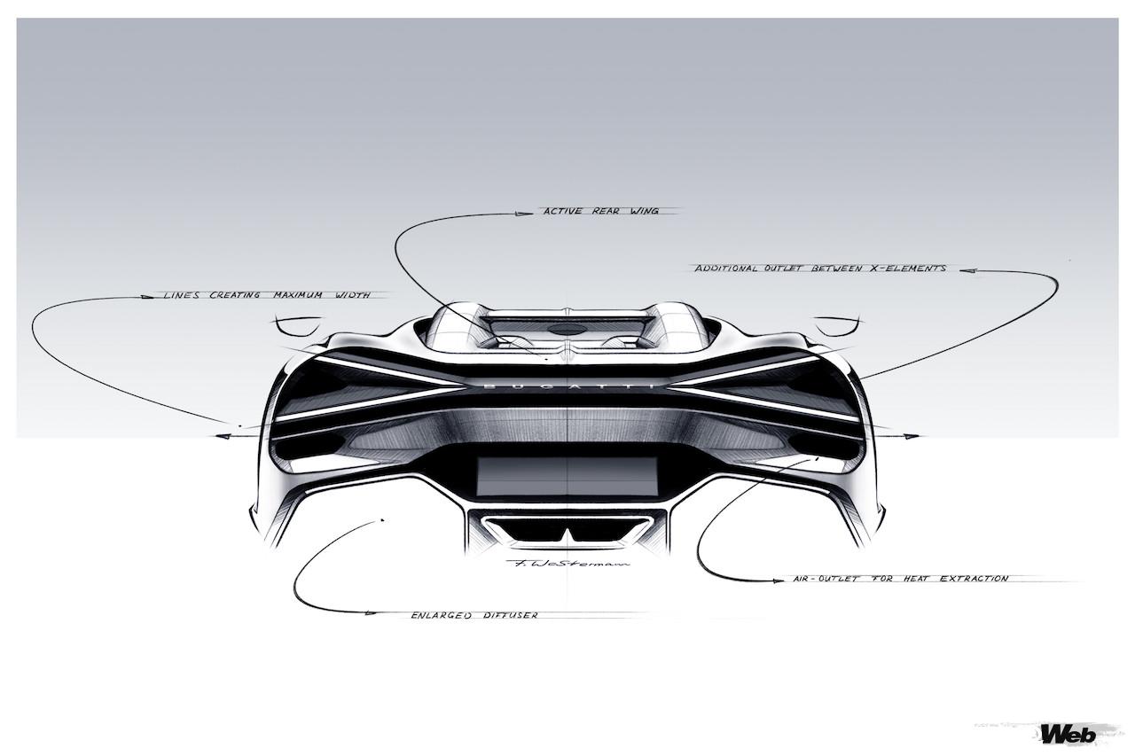 「ブガッティ W16 ミストラル」のデザインスケッチ。