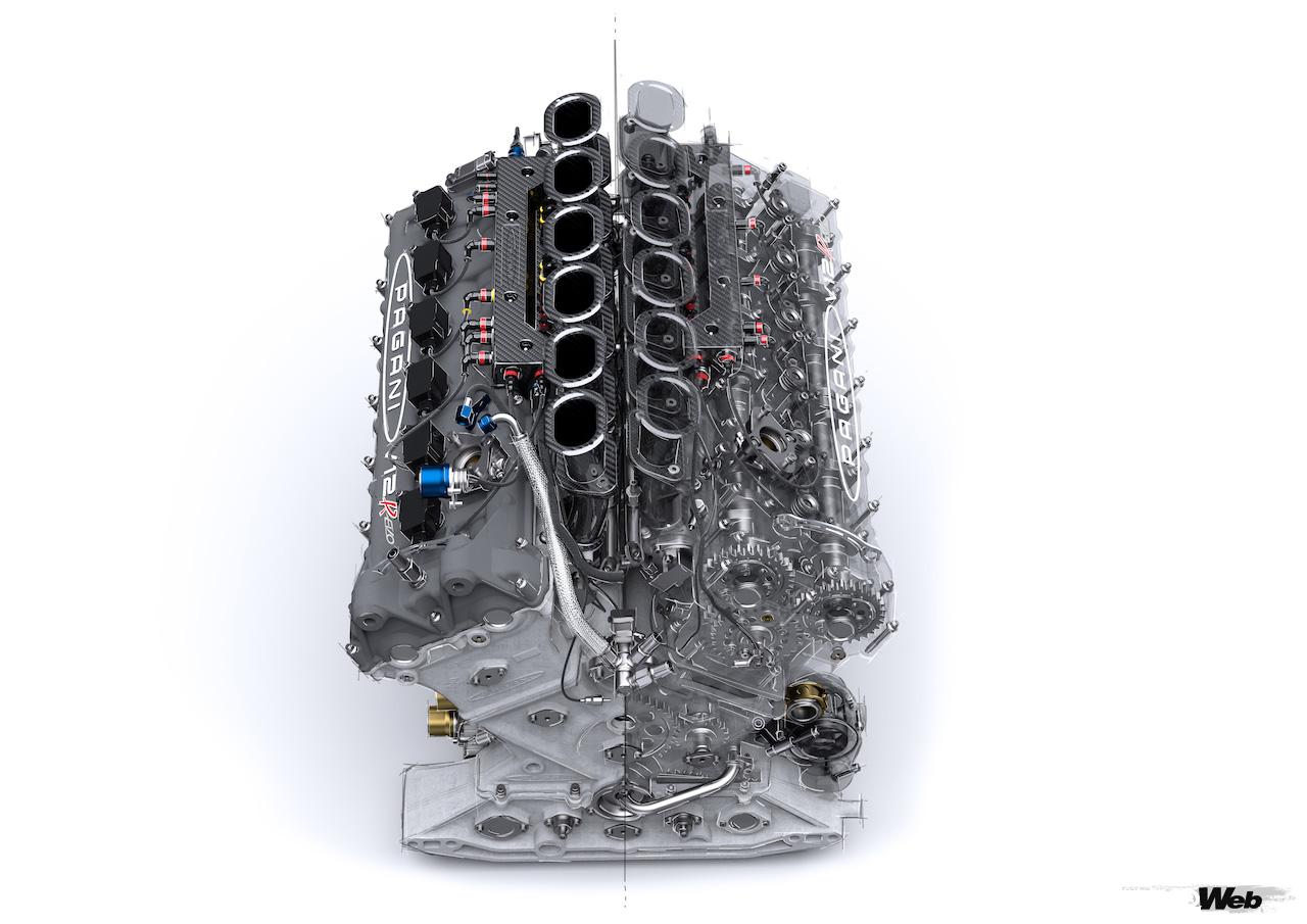 サーキット専用オープントップ「パガーニ ウアイラ R エボ」に搭載される6.0リッターV型12気筒エンジン。