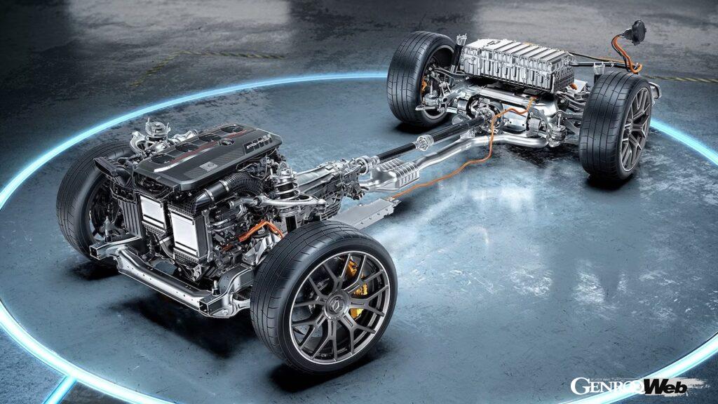 リヤアクスル上方に配置された「AMGハイパフォーマンスバッテリー」は、メルセデス AMG ペトロナス F1 チームの F1マシンによって実証された技術をベースに開発された。
