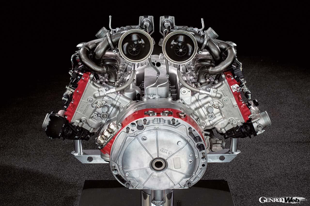 296GTBに搭載される120度V6ツインターボ。フェラーリミッドシップスポーツは今後V6に替わることになるのか。