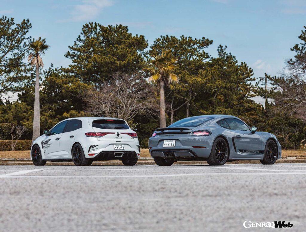 今回比較試乗するのは、もはや世界遺産級の輝きを放つ「ポルシェ 718ケイマン」（右）と「ルノー メガーヌRS」。