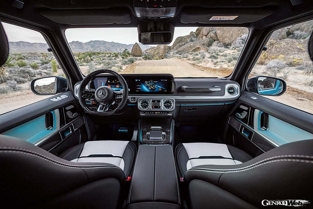 音声認識とタッチ操作が可能になった最新世代のインフォテインメントシステム「MBUX」を新たに採用する。肉厚のG63のシートは悪路でもドライバーに振動を伝えにくい。