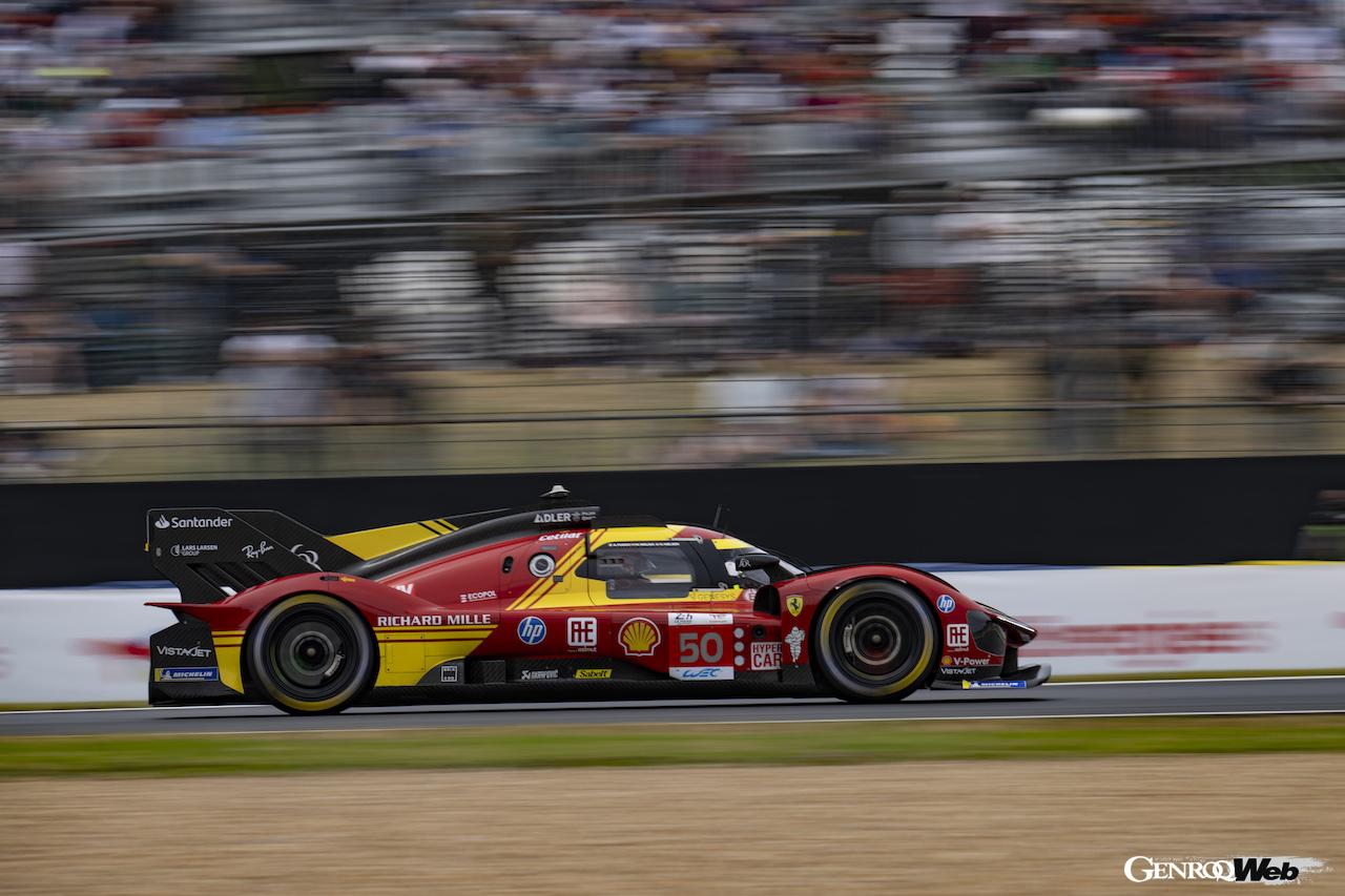 最終盤まで続いたトヨタとのバトルを制し、トップフィニッシュを果たしたフェラーリ 499P 50号車。