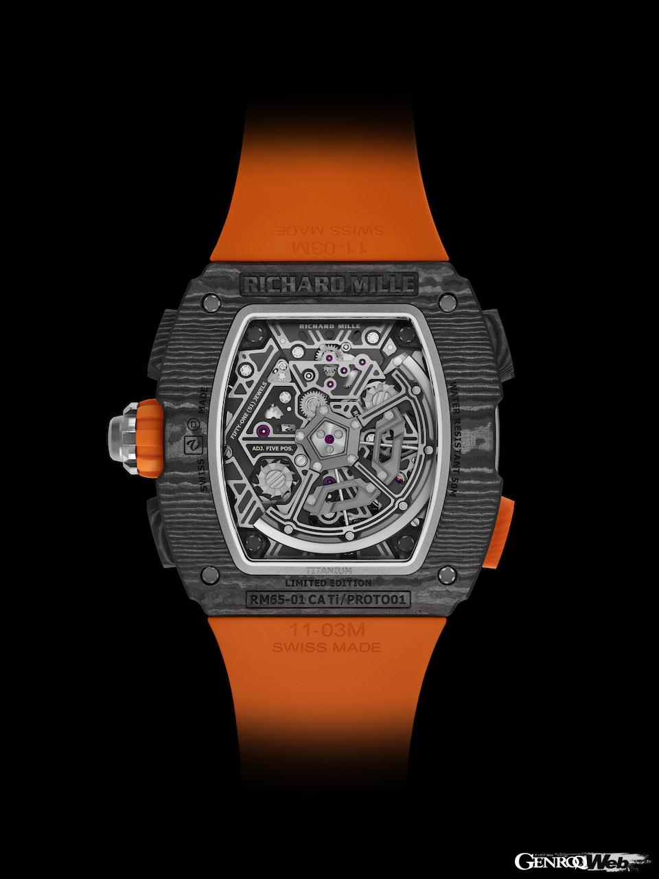 リシャール・ミルとマクラーレンのコラボ第4弾リストウォッチ、「RM 65-01 オートマティック スプリットセコンド クロノグラフ マクラーレンW1」。