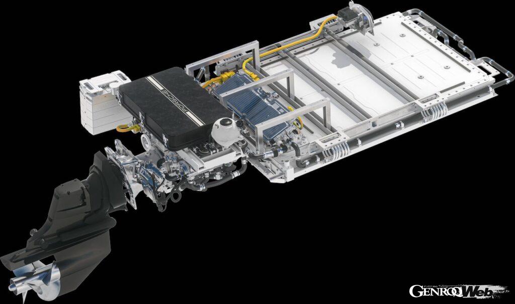 最高出力400kWを発揮する、ポルシェ マカン ターボ由来のフル電動パワートレインとバッテリーを搭載。バッテリー10％の状態から80％まで、30分以内で充電することが可能だという。