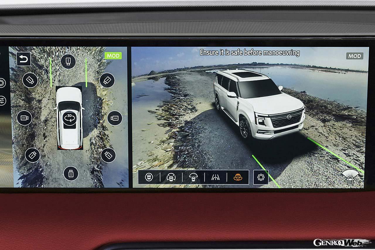 日産初となる「4WDトランスファー モード インターロック システム」を搭載。これは走行モード「標準」「砂」「岩」「泥」「エコ」「スポーツ」の中から、最適なモードを自動的に選ぶ機能だ。