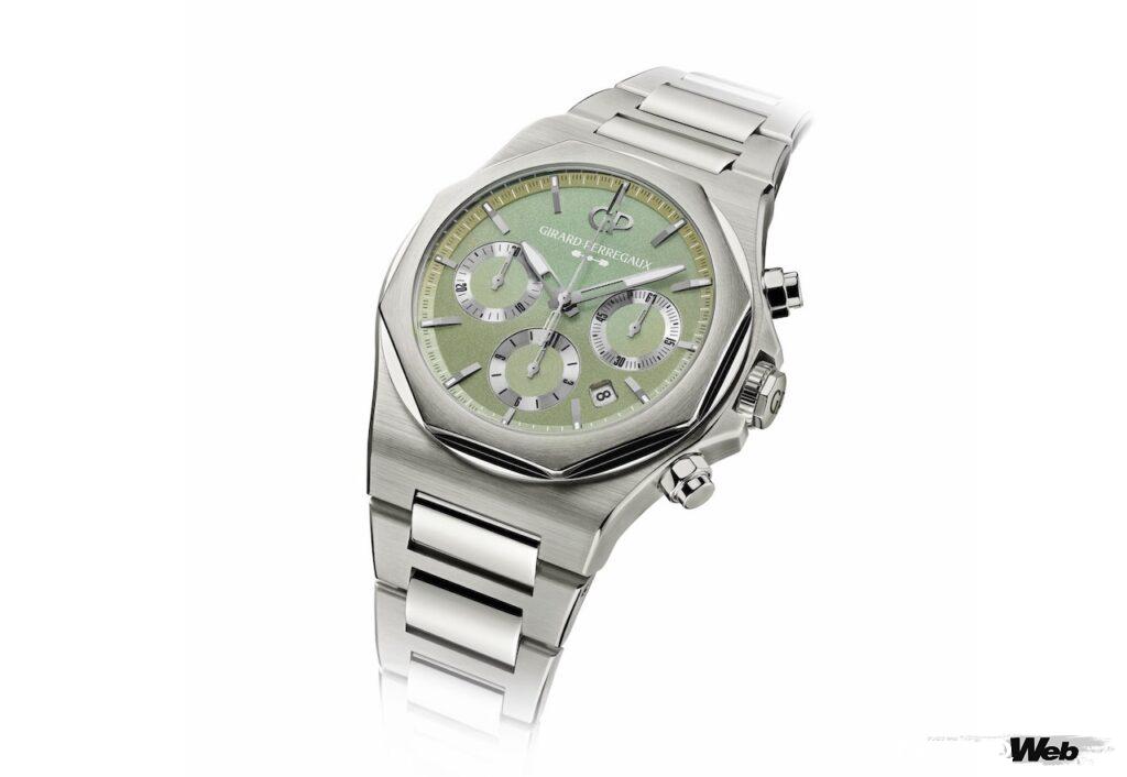 文字盤はアストンマーティンをはじめとする英国製スポーツカーの代名詞であるグリーンをチョイス。15層にも塗り重ねることで、光によって虹色に変化する美しい文字盤を実現した。