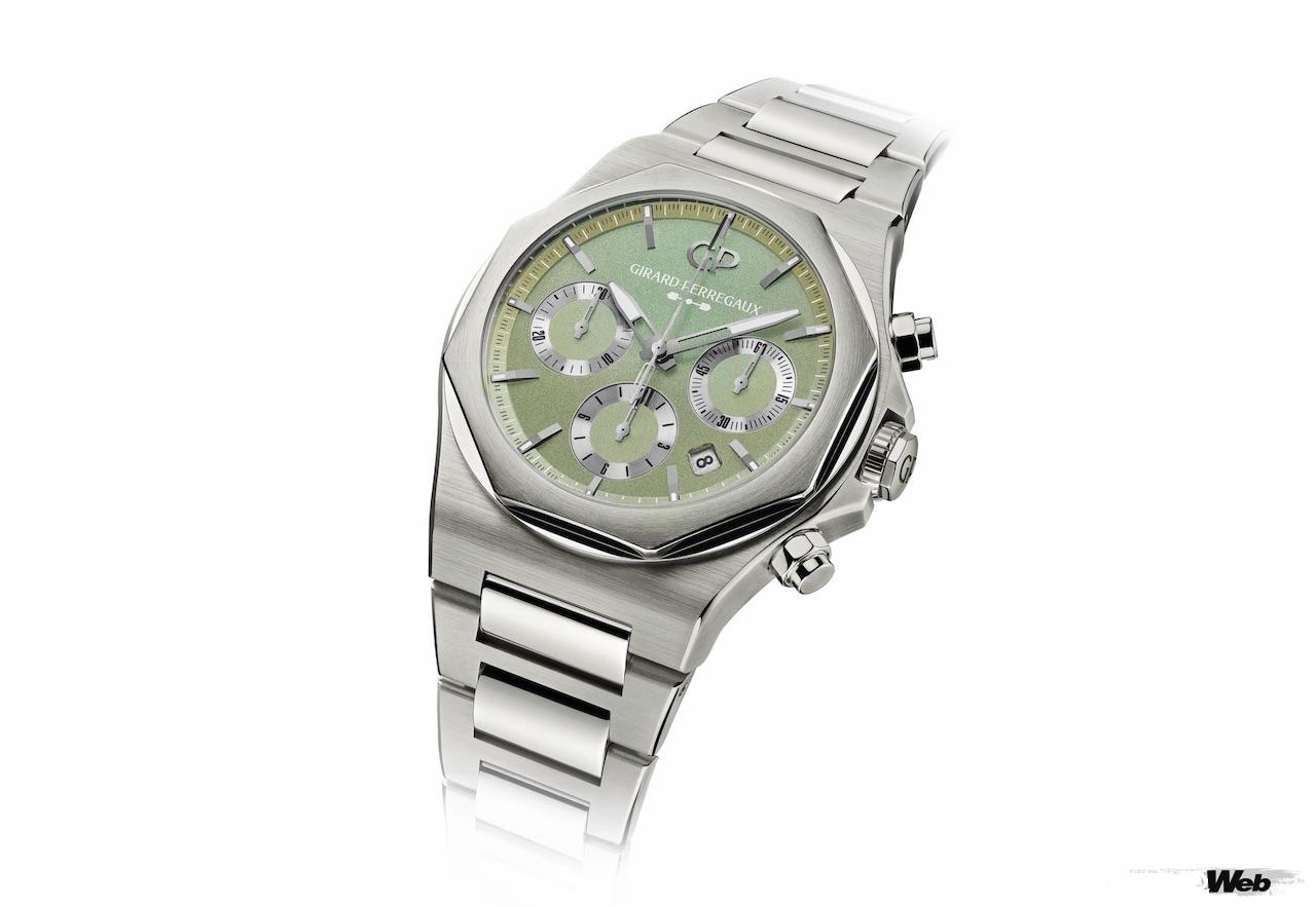 文字盤はアストンマーティンをはじめとする英国製スポーツカーの代名詞であるグリーンをチョイス。15層にも塗り重ねることで、光によって虹色に変化する美しい文字盤を実現した。