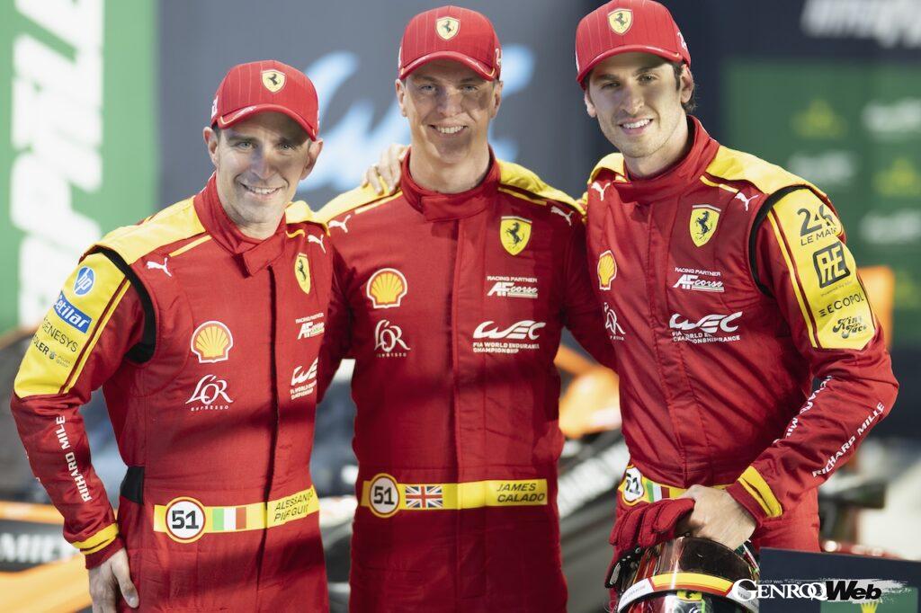 プラクティスの段階からライバルを上まわるスピードを披露してきたフェラーリ 499P。予選、ハイパーポールとトップタイムをマークした、51号車がポールポジションを決めた。写真は51号車をドライブする左からグイディ、カラド、ジョビナッツィの3人。