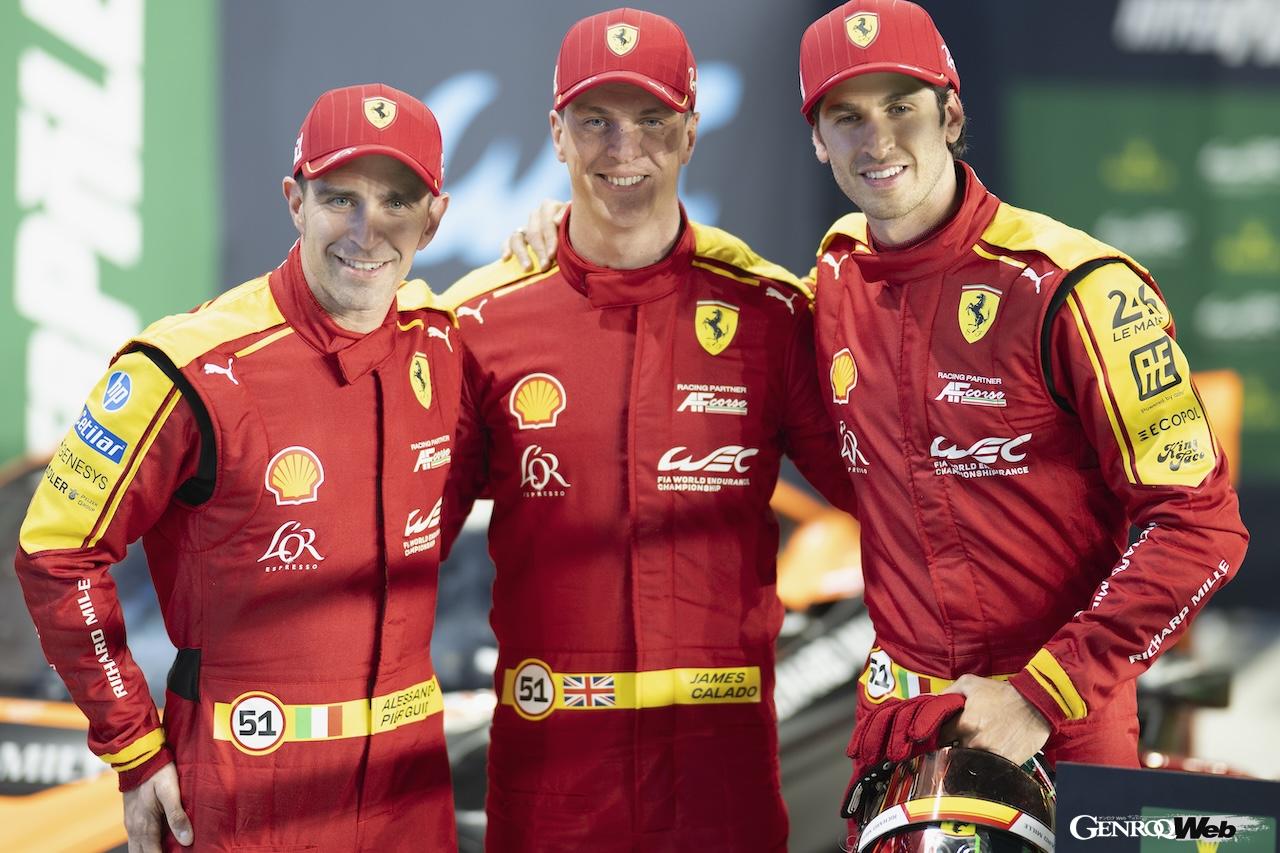 プラクティスの段階からライバルを上まわるスピードを披露してきたフェラーリ 499P。予選、ハイパーポールとトップタイムをマークした、51号車がポールポジションを決めた。写真は51号車をドライブする左からグイディ、カラド、ジョビナッツィの3人。