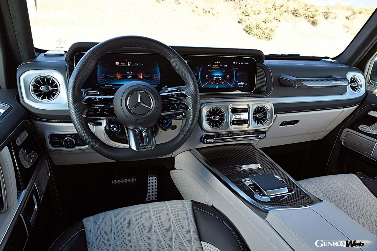 試乗車は昨年のマイナーチェンジ時に発表された導入記念の豪華仕様「ローンチエディション」で、ダイヤモンドステッチのナッパレザーシートやカーボンパネルなどが標準装備される。AMGパフォーマンスステアリングも最新デザインのものにアップデート。