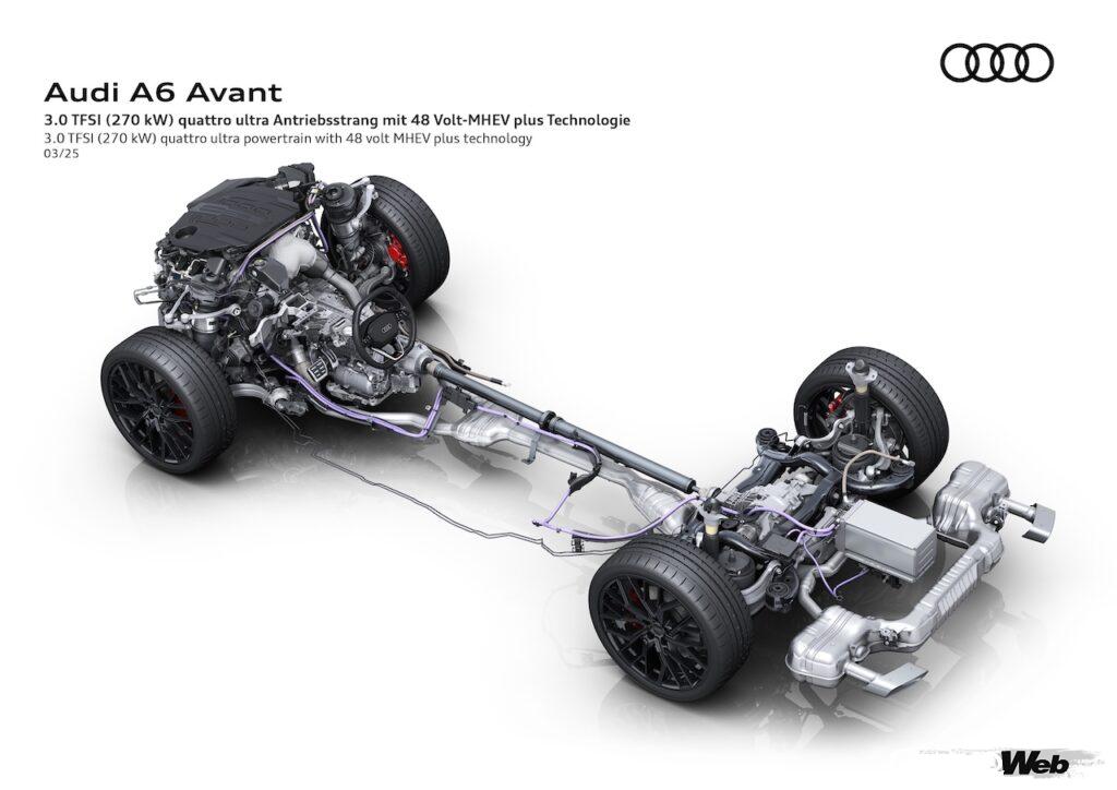 2.0リッター直列4気筒ディーゼルターボと、3.0リッターV型6気筒ガソリンターボ（写真）には、アウディが独自開発したマイルドハイブリッドテクノロジー「MHEV plus」が搭載される。