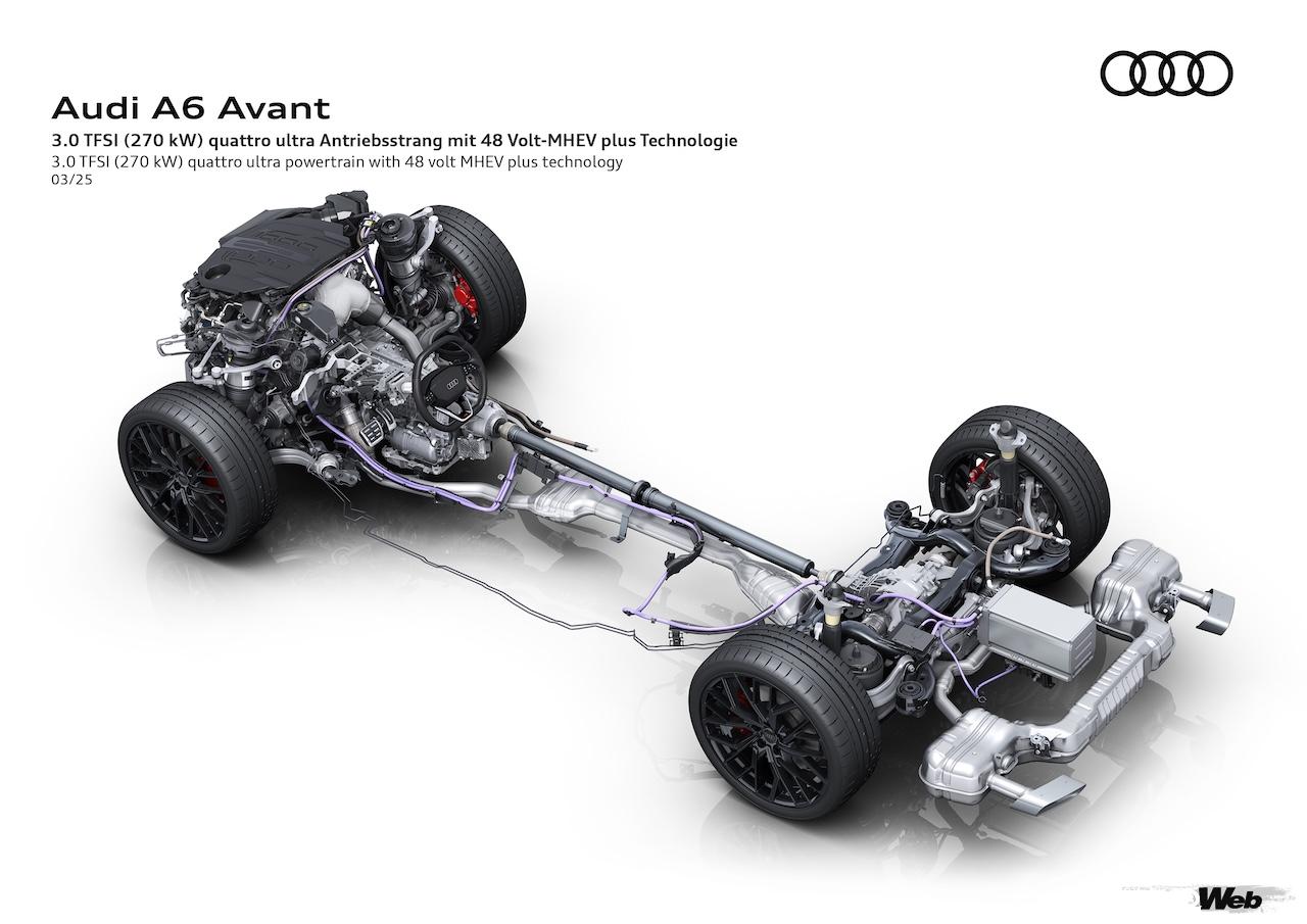 2.0リッター直列4気筒ディーゼルターボと、3.0リッターV型6気筒ガソリンターボ（写真）には、アウディが独自開発したマイルドハイブリッドテクノロジー「MHEV plus」が搭載される。