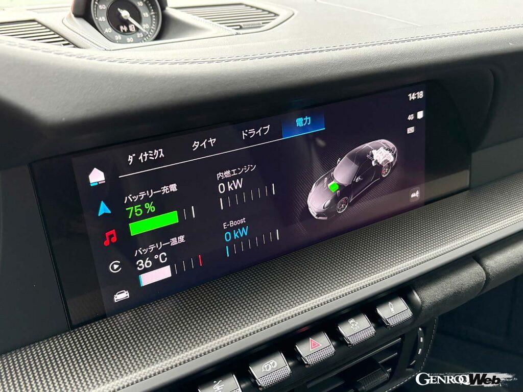センターのモニターにはバッテリーの残量やエンジンとモーターのリアルタイムの出力を表示できる。