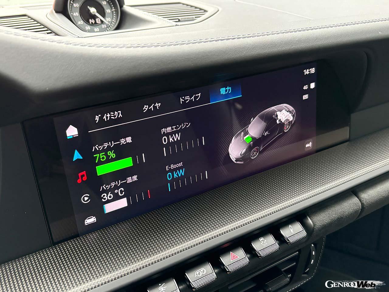 センターのモニターにはバッテリーの残量やエンジンとモーターのリアルタイムの出力を表示できる。