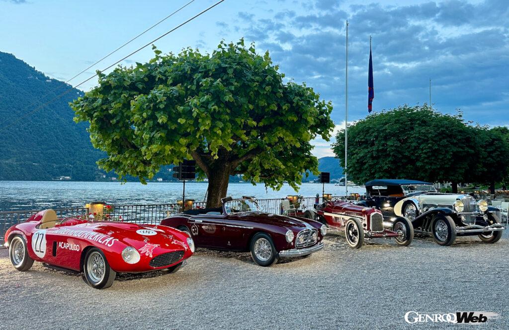 各クラスのウィナーたち。右から「デューセンバーグ モデルSJ」（1932年）、「アルファロメオ P3」（1934年）、「フェラーリ 212 Export」（1951年）、「フェラーリ 250 モンツァ」（1954年）。