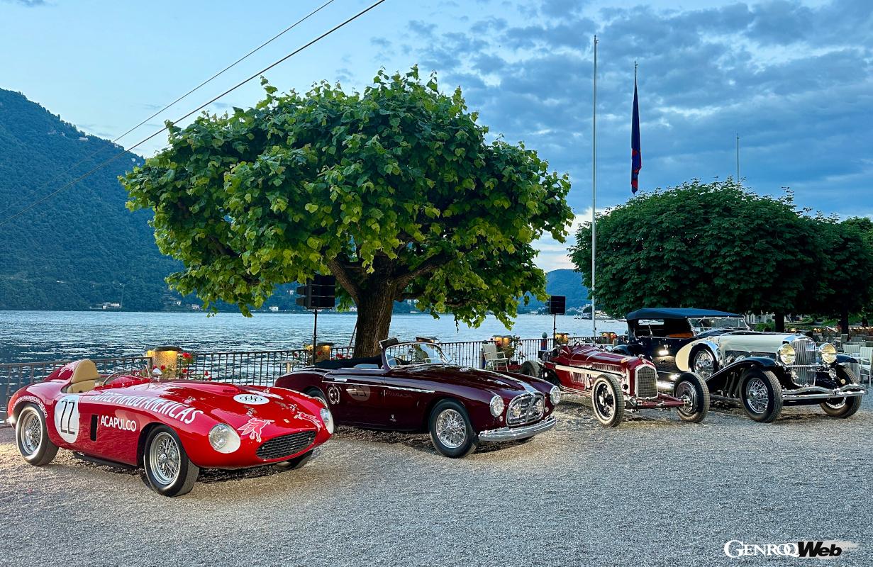 各クラスのウィナーたち。右から「デューセンバーグ モデルSJ」（1932年）、「アルファロメオ P3」（1934年）、「フェラーリ 212 Export」（1951年）、「フェラーリ 250 モンツァ」（1954年）。