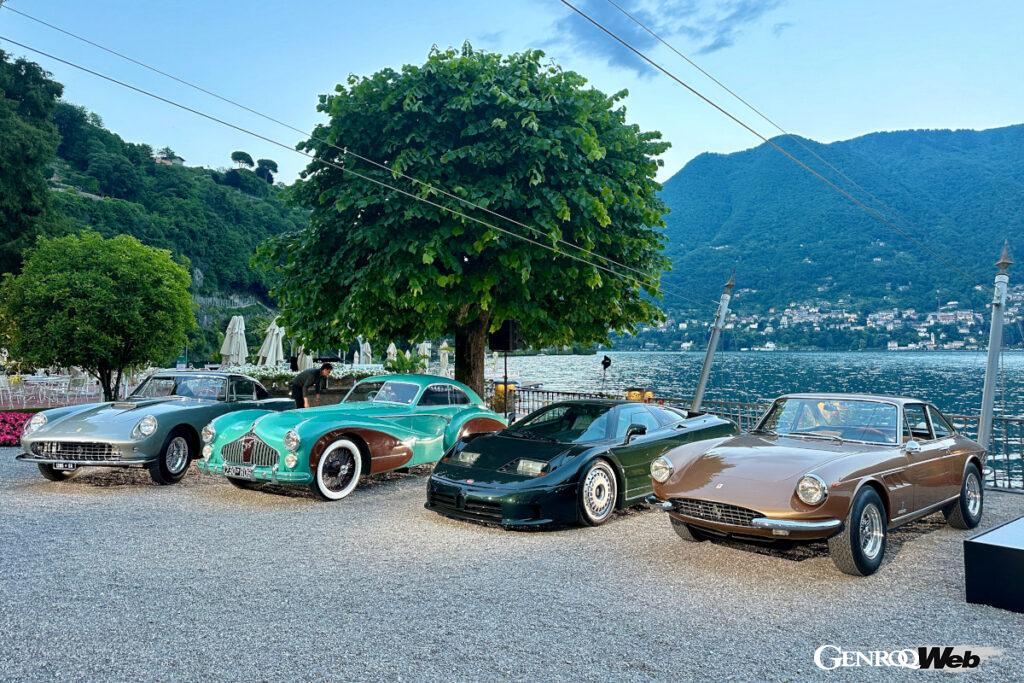 各クラスのウィナーたち。右から「フェラーリ 330 GTC」(1967年)、「ブガッティ EB 110 GT」(1993年)、「タルボ ラーゴ T 26 Grand Sport」(1948年)、「フェラーリ 410 スーパーアメリカ」(1959年)。