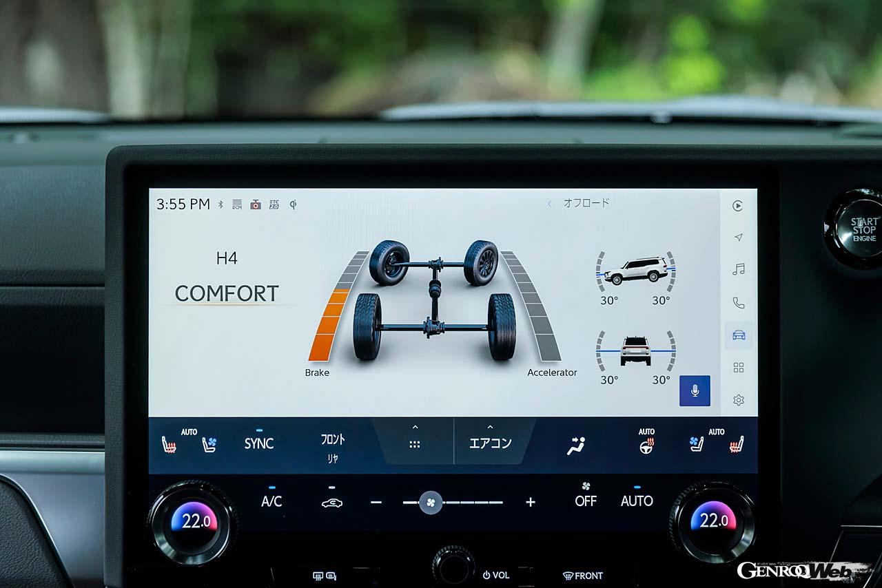 AWDの作動状況を示すGX550のモニターとLX600hの車高調整スイッチ。AWDシステムの基本構成は共通だが、LXは油圧で車高を上昇させることで路面との干渉を回避できるのがアドバンテージ。オフロード用の走行モード調整システムは「マルチテレインセレクト」と呼ばれ、「オート」「ダート」「砂」「泥」「深雪」「岩」が用意される。