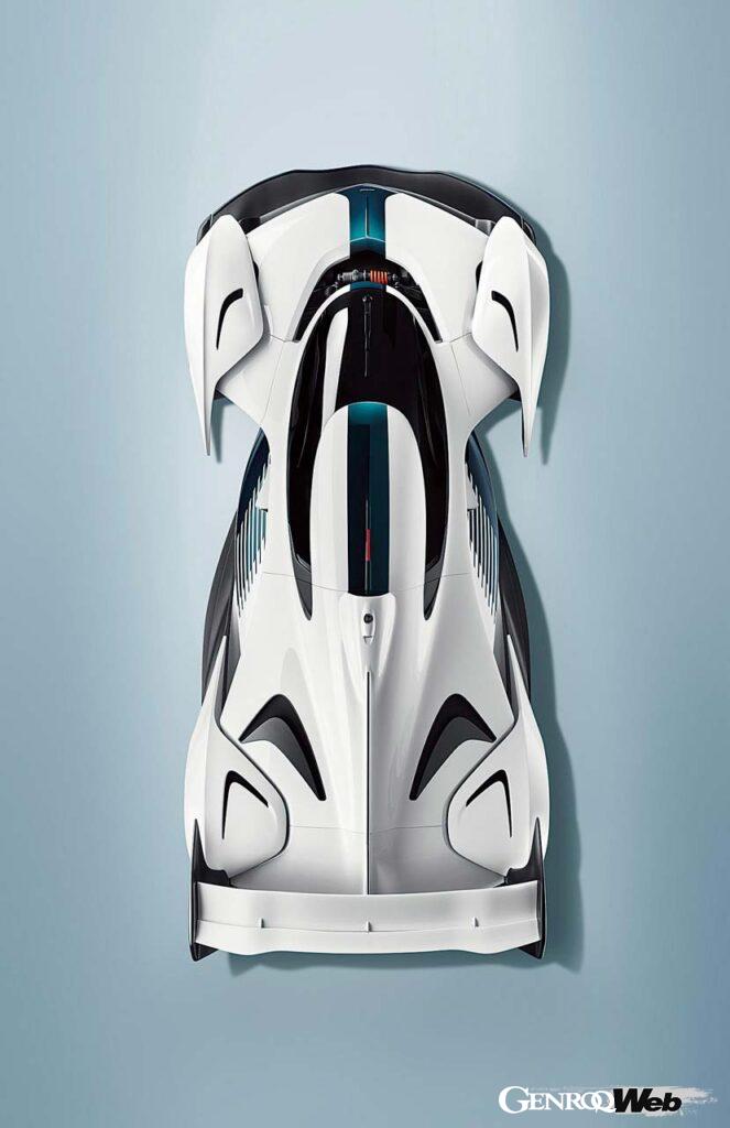 上から見るとフォーミュラマシンのようなシルエットがよくわかる。F1マシンのようにエンジン自体がモノコックの一部として剛性を担う。