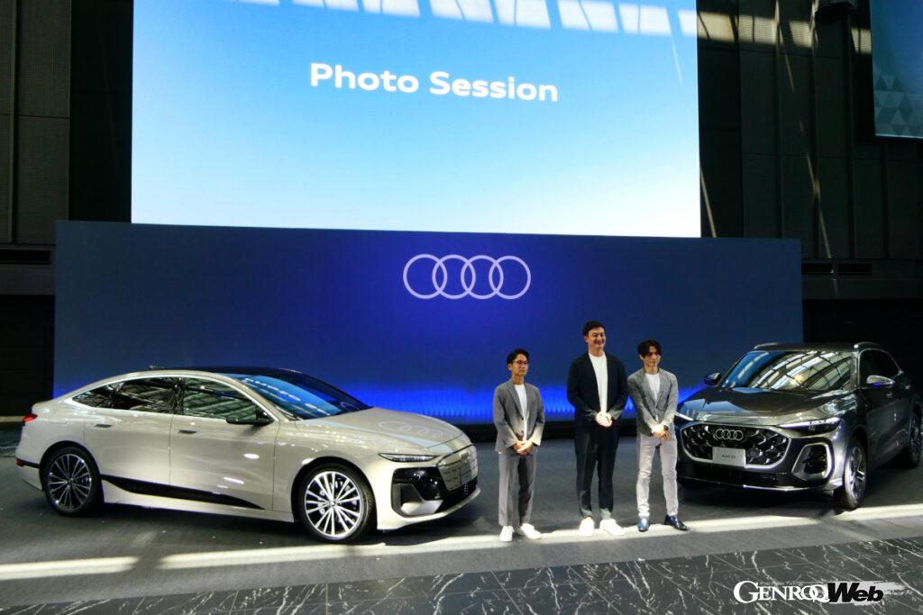 発表会で同時に発表された人気SUV「Q5」と共に行われたフォトセッション。右からプロダクトマーケティング部の徳永雄三氏、マティアス・シェーパース代表取締役社長兼アウディブランドディレクター、プロダクトマーケティング部の石川芳樹氏。
