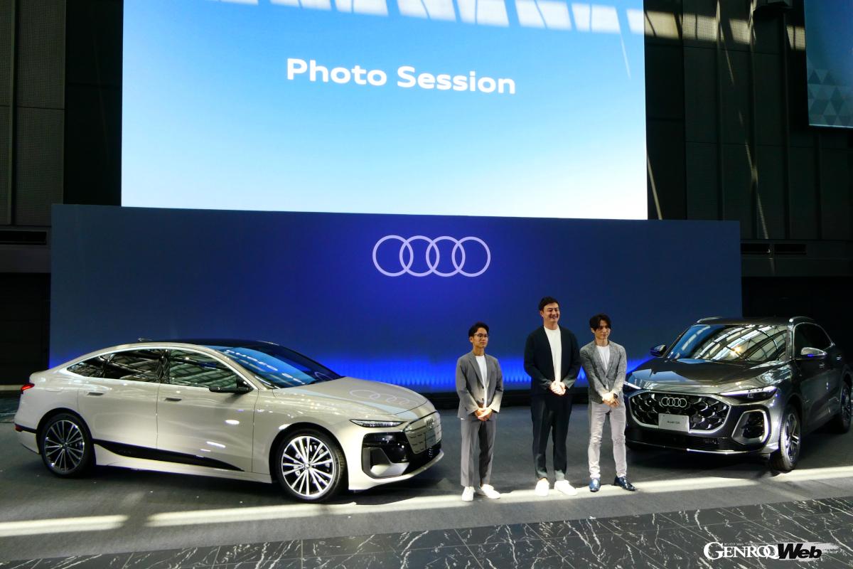 発表会で同時に発表された人気SUV「Q5」と共に行われたフォトセッション。右からプロダクトマーケティング部の徳永雄三氏、マティアス・シェーパース代表取締役社長兼アウディブランドディレクター、プロダクトマーケティング部の石川芳樹氏。