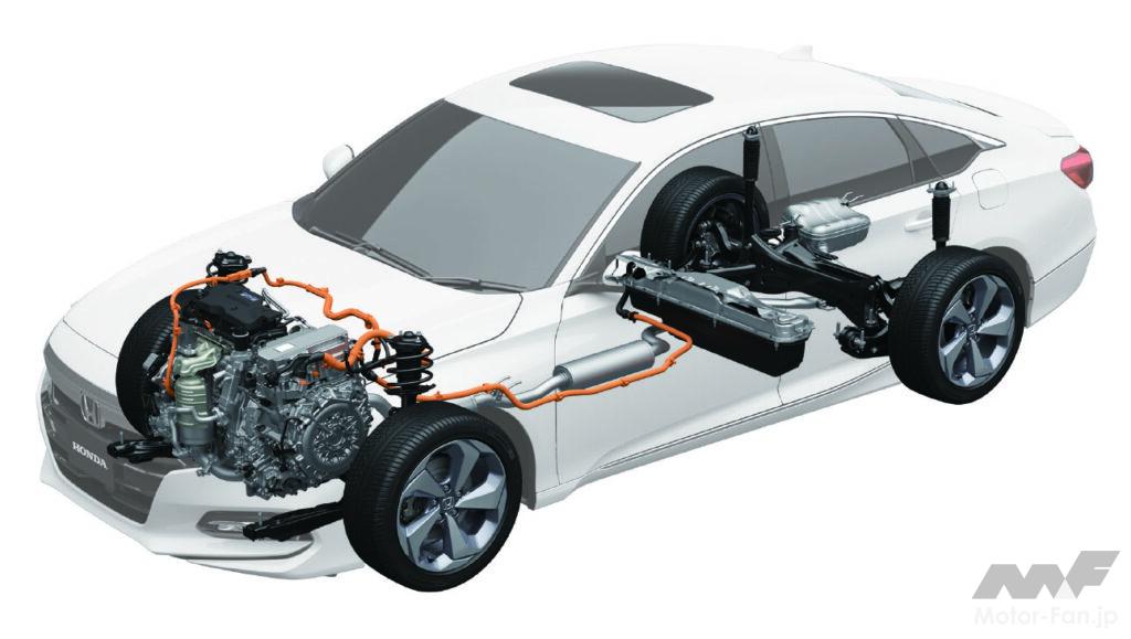 現行アコードの2モーターハイブリッドシステム「e:HEV」およびシャシー透視図