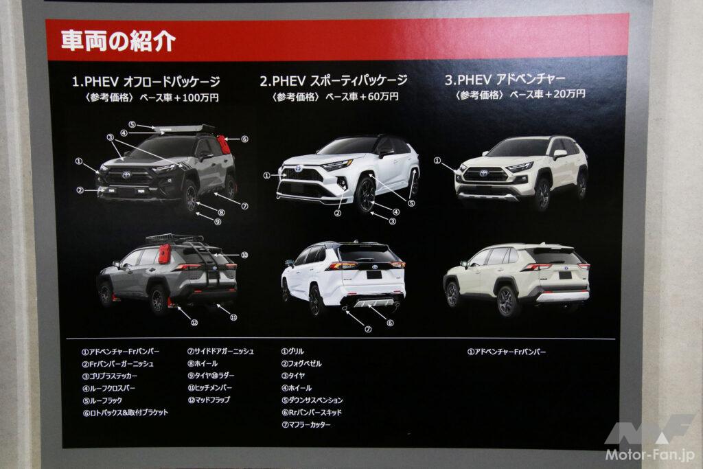 「RAV4ユーザーコンプリートサービス」の一例として出品された3台のRAV4 PHEVのカスタマイズ内容